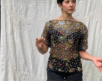 Vintage Sheer Sequined Saks Top - Size Small