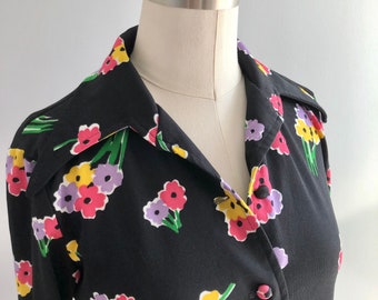 Vintage 70s Floral Print Dagger Collar Shirt - Size XS/Small