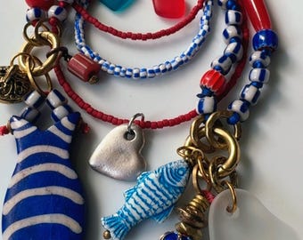 Layered Beaded Necklace with Bone Fish Charms, Boho Beach Jewelry