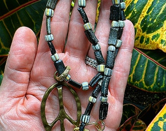 Peace necklace ooak everyday boho unique trendy hand made beaded black roman  glass