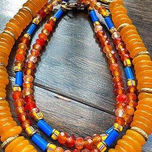 Sweet and Stone ooak unique African beads carnelian Russian blue beads African bone chocker layering orange blue yellow African trade beads