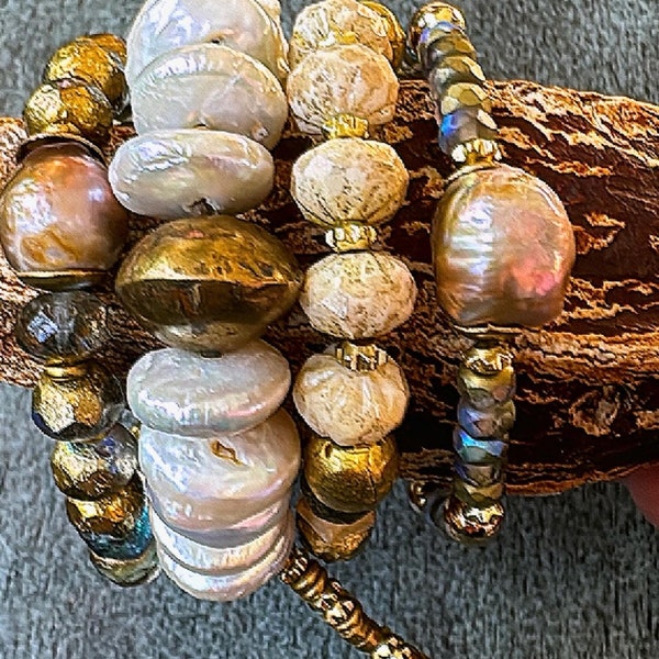 Boho old world rustic style ooak stretch stack fall everyday fashion pearl bracelets