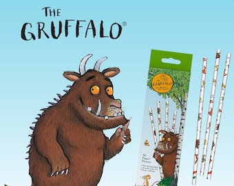 May include: A package of 30 paper straws featuring illustrations of the Gruffalo, a fictional character from the children's book by Julia Donaldson. The straws are biodegradable and made in the U.S.