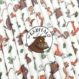 May include: A set of paper straws with a white background and colorful illustrations of characters and animals from the children's book "The Gruffalo". The straws feature the text "The Gruffalo" and "Oh crumbs!" The straws are perfect for a children's party or a fun and whimsical addition to any occasion.