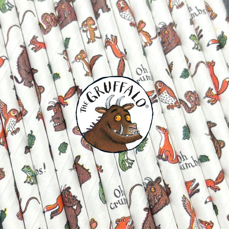 May include: A set of paper straws with a white background and colorful illustrations of characters and animals from the children's book "The Gruffalo". The straws feature the text "The Gruffalo" and "Oh crumbs!" The straws are perfect for a children's party or a fun and whimsical addition to any occasion.