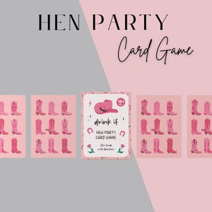May include: A pink and white card game called "drink if" for hen parties. The game includes 32 cards with questions. The box features a pink cowboy hat and boots.