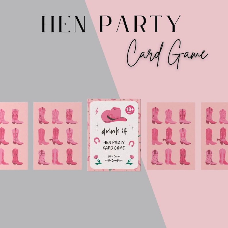 May include: A pink and white card game called "drink if" for hen parties. The game includes 32 cards with questions. The box features a pink cowboy hat and boots.