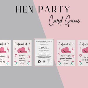 May include: A pink and white card game called "Drink If... Hen Party Card Game" with 22 cards and questions. The cards feature a pink cowboy hat with lightning bolts and pink flowers. The game is made in the UK.