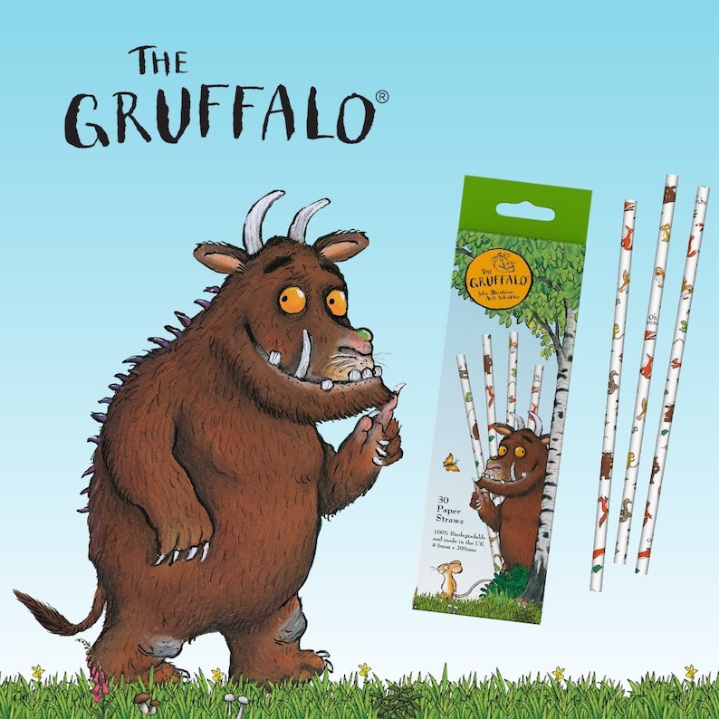 May include: A package of 30 paper straws featuring illustrations of the Gruffalo, a fictional character from the children's book by Julia Donaldson. The straws are biodegradable and made in the U.S.