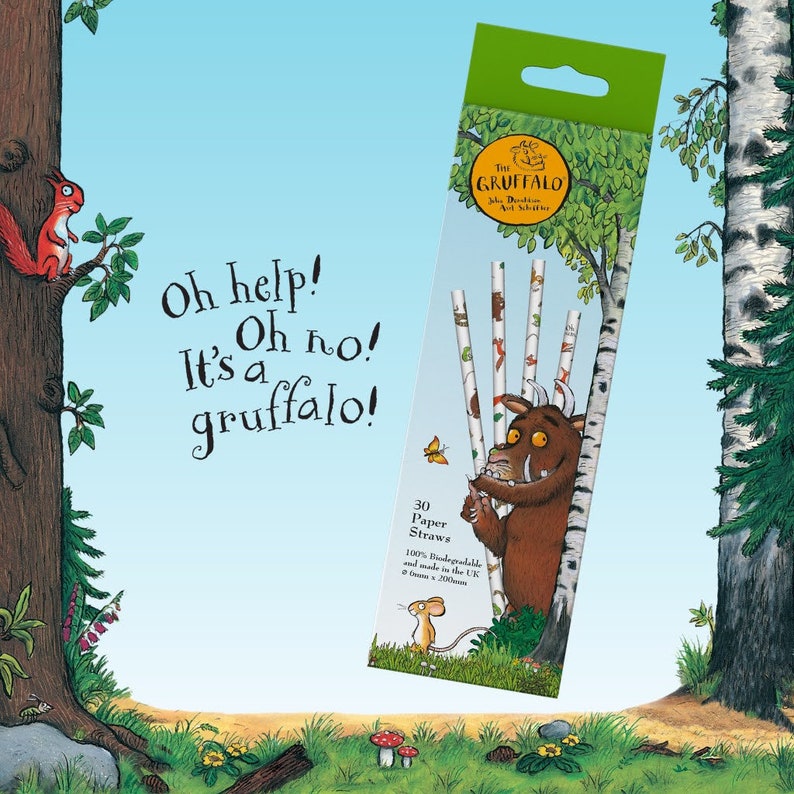May include: A package of 30 paper straws featuring The Gruffalo character from the popular children's book. The straws are white with brown and green illustrations of the Gruffalo and other characters from the book. The package is green and white with the text "The Gruffalo" and "30 Paper Straws".
