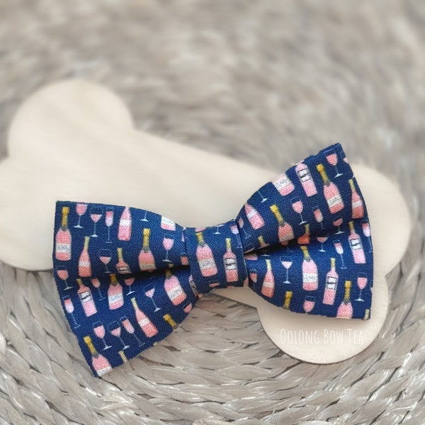 Rose Champagne Wine Dog Bow Tie Happy New Year Eve Party Cat or Dog Bowtie in Navy Blue Wedding Dog of Honor Bowtie