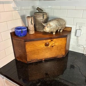 May include: A wooden cabinet with a drawer, topped with decorative items. A blue bowl, a wooden vase, a ceramic jar with a frog lid, and a pig figurine are arranged on top. The cabinet is made of light brown wood.