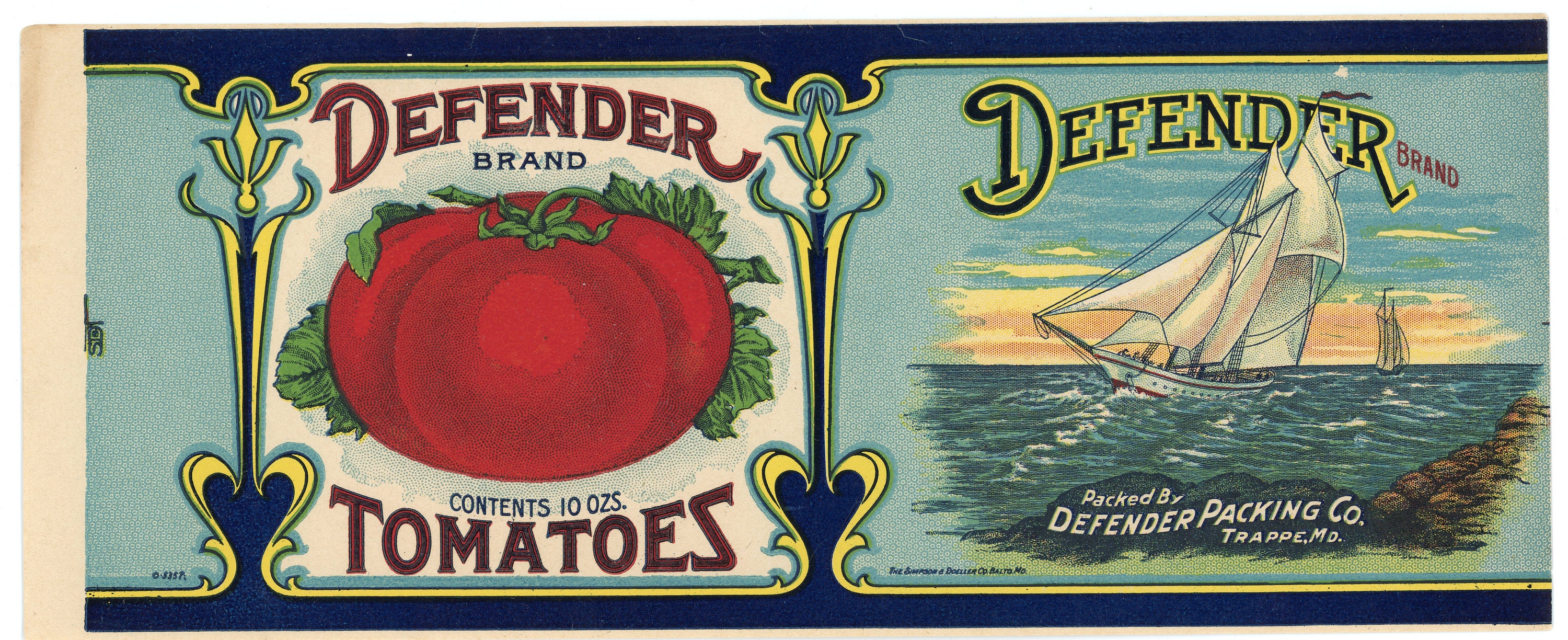 Vintage Tomato Can Label. Defender Brand Tomatoes. Defender Packing Co., Trappe. Maryland