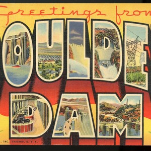 Vintage Linen Postcard. Large Letter. Greetings from Boulder Dam (Colorado). Unused.