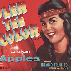 Vintage Fruit Crate Label - Plen Tee Color. Yakima Valley Apples. Inland Fruit Company, Wapato, Washington.
