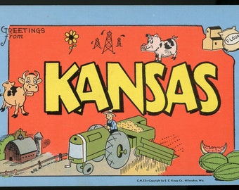 Vintage Linen Postcard. Large Letter. Greetings from Kansas. Unused.