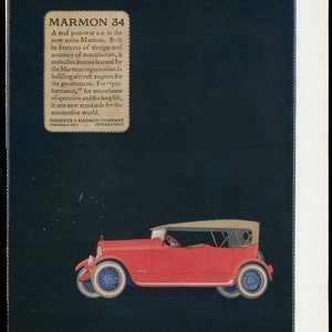 Original 1920 Full-color  Advertisement for Marmon 34 Automobile, Indianapolis.  Waltham Clocks Ad on Reverse.