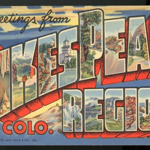 Vintage Linen Postcard. Large Letter. Greetings from Pikes Peak Region, Colorado.