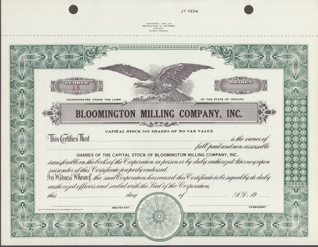 Stock Certificate and Transfer Ledger Page Bloomington Milling Company