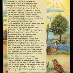 Puede incluir: Postal vintage titulada "Texas a Paradise" con un poema sobre Texas. Presenta ilustraciones de un sol, un árbol con naranjas, un conejo, un armadillo y un lagarto. La postal tiene el número TX-12.