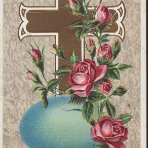 Antique Easter Postcard. Easter Greetings. Gold Gilt Cross with Roses and Blue Egg.