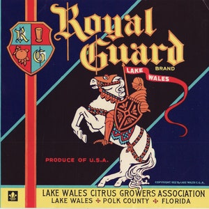 Vintage Obstkiste Label - Royal Guard Marke Citrus, Lake Wells, Polk County, Florida