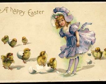 Antique Easter Postcard. Chicks. Girl with Purple Dress and Bonnet.
