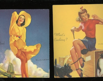 Zwei Original Elvgren Pinup Girl Punch Karte Litho Prints.  Frau mit Scotty Hund, Pinguin und Strumpfband. Frau mit Flugzeug.