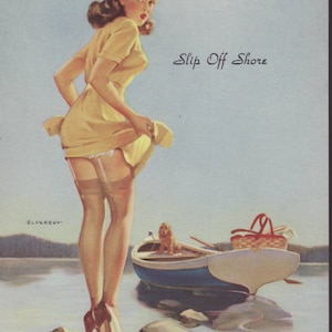 Vintage 1940s Elvgren Pin-Up Girl. Slip Off Shore. Garters.