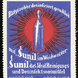 May include: Vintage postage stamp with a blue and red design. A blue bottle is centered within a red sunburst, with German text above and below. The stamp is on a white background.