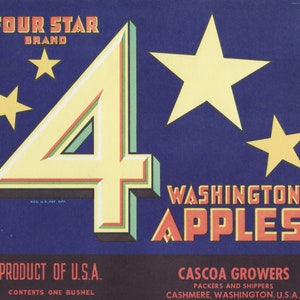 Vintage Fruit Crate Label - Four Star Brand Washington Apples - Cascoa Growers, Cashmere, Washington
