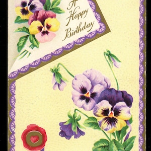 Cartão postal de aniversário antigo. Amores-perfeitos. Dourado. Em relevo.