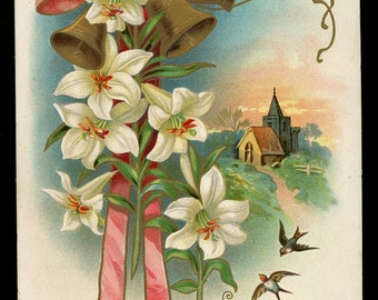 Antique Easter Postcard. Gold Bells with Doves and Easter Lilies.