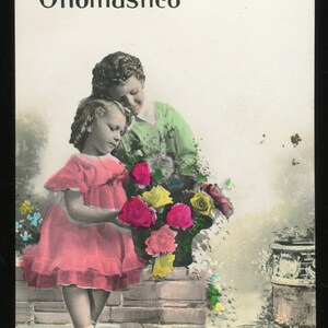 Postal italiana del día del nombre (Bon Onomastico) enviada por padre a hijo en Inglaterra durante la Segunda Guerra Mundial.