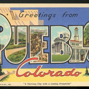 Vintage Linen Postcard. Large Letter. Greetings from Pueblo, Colorado. Unused.