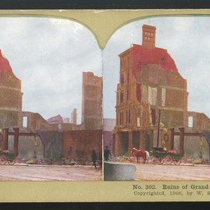 Color Stereoview Card - 1906 San Francisco Earthquake and Fire Damage to the Grand Hotel.