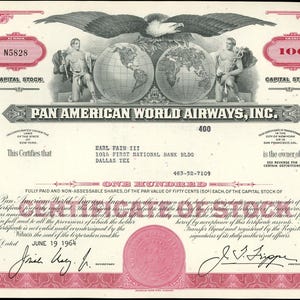 Pan-Am Airlines Stock Certificate, 1964. Pan American World Airways, Inc.