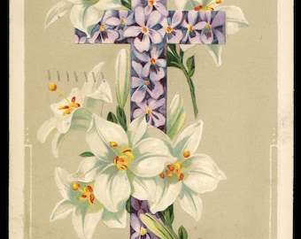 Antique Easter Postcard. Cross with Purple Flowers. Easter Lilies. Embossed.