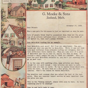 Publicidad Membrete. G. Moeke & Sons, Zeeland, Michigan (1928). Materiales para techos Mule-Hide.