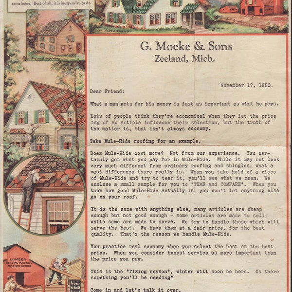 Advertising Letterhead. G. Moeke & Sons, Zeeland, Michigan (1928). Mule-Hide roofing materials.