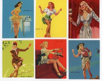 Six Original 1940s Pinup Girl Punch Card Litho Prints. Garter Belts.