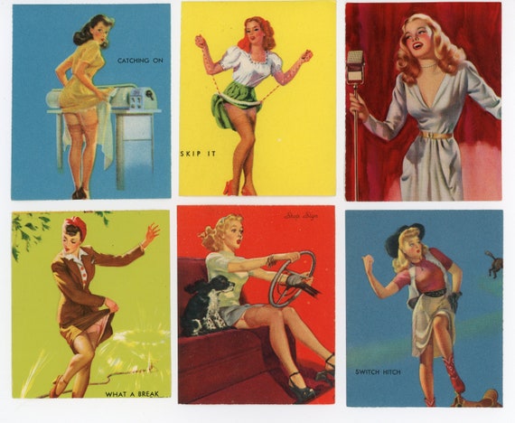 Six Original 1940s Pinup Girl Punch Card Litho Prints. Garter Belts.