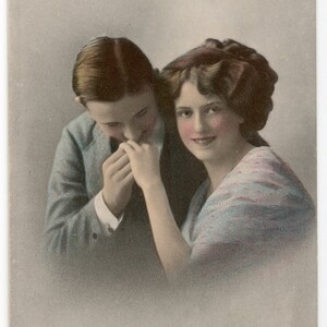 Antique Color Romantic Courting Postcard - &quot;This is the Paradise I Dreamed of for Man Years. Love Above All.&quot; Unused.