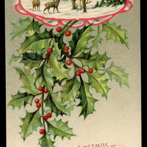 Antique Christmas Postcard. Holly. Deer in Forest. Embossed.