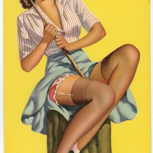 Vintage Original Pinup Girl Fishing with Exposed Garter Belt.