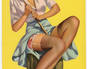 Vintage Original Pinup Girl Fishing with Exposed Garter Belt.