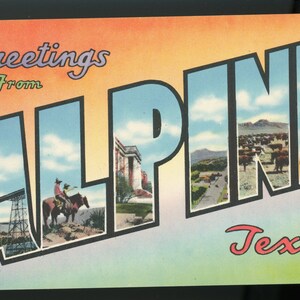 Cartolina in lino vintage. Lettera grande. Saluti da Alpine, Texas.