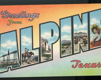 Vintage Leinen Postkarte. Großer Buchstabe. Grüße aus Alpine, Texas.