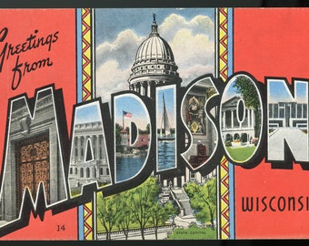 Vintage Leinen Postkarte. Großer Buchstabe. Grüße aus Madison, Wisconsin.