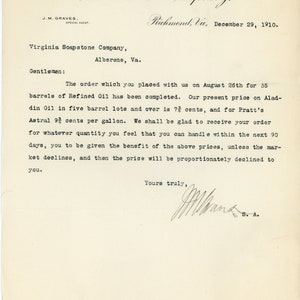 1910 Standard Oil Company Membrete. Carta citando precios a Virginia Soapstone Company.